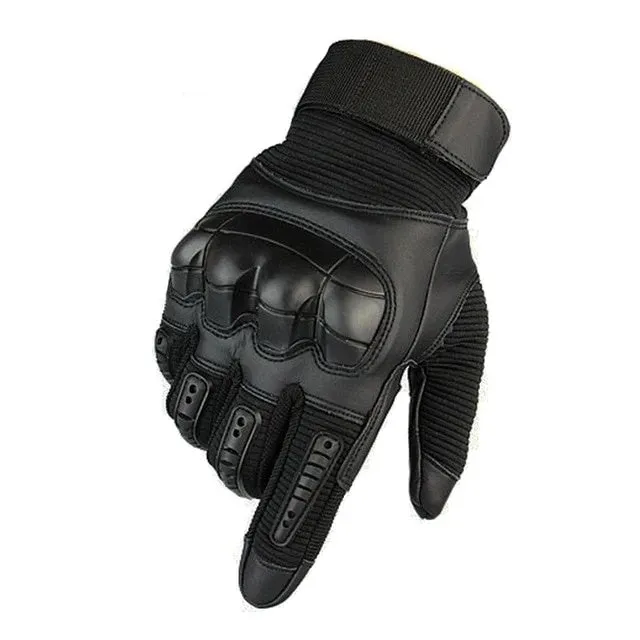 Off-road tactical gloves with black rubber knuckle guard and Velcro wrist strap on a white background
