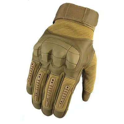 Off-road tactical gloves with black rubber knuckle guard and Velcro wrist strap on a white background
