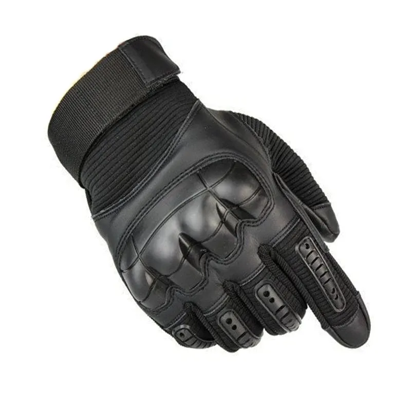 Off-road tactical gloves with black rubber knuckle guard and Velcro wrist strap on a white background