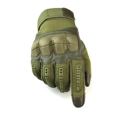 Off-road tactical gloves with black rubber knuckle guard and Velcro wrist strap on a white background