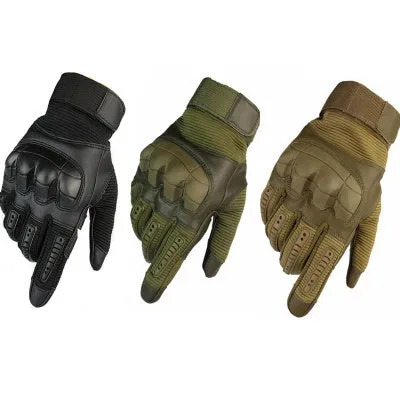 Off-road tactical gloves with black rubber knuckle guard and Velcro wrist strap on a white background
