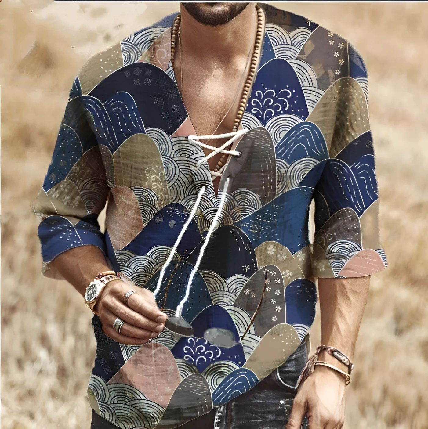 Men's super slim long sleeve shirt with stand-up collar and velvet lining in patterned design