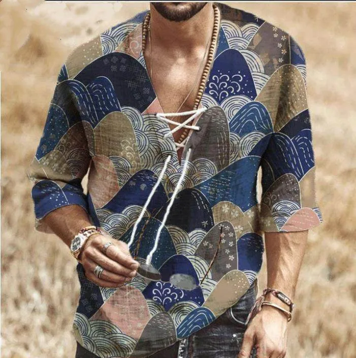 Men's super slim long sleeve shirt with stand-up collar and velvet lining in patterned design