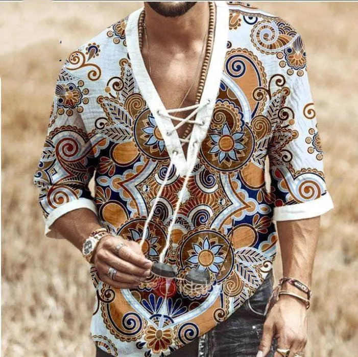 Men's super slim long sleeve shirt with stand-up collar and velvet lining in patterned design