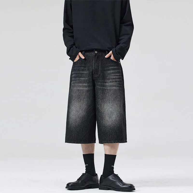 Men's straight-leg denim shorts in cropped length showing light blue colour option