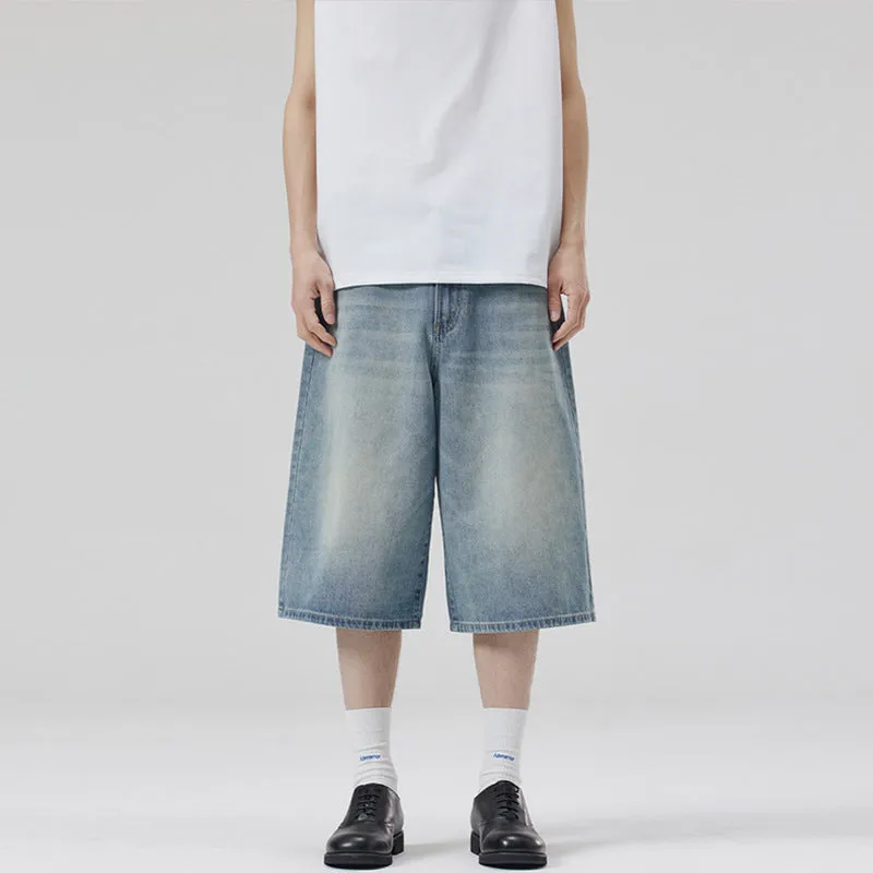 Men's straight-leg denim shorts in cropped length showing light blue colour option