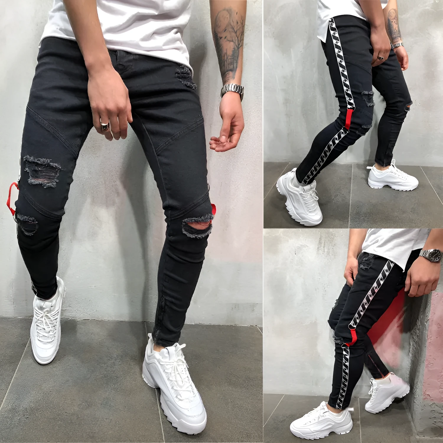 Men's casual pencil trousers low waist flat front retro style cotton polyester blend black