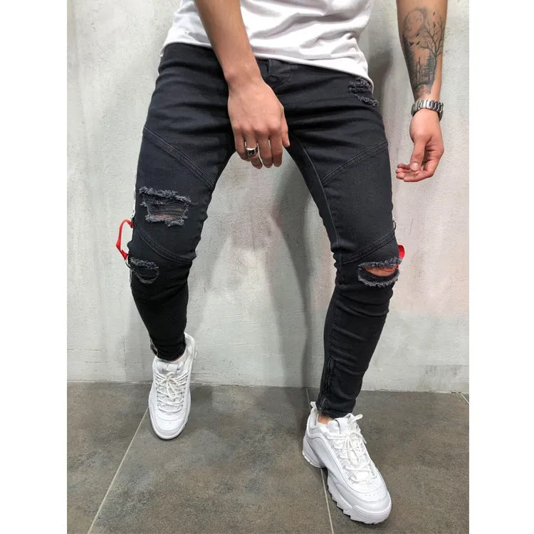 Men's casual pencil trousers low waist flat front retro style cotton polyester blend black