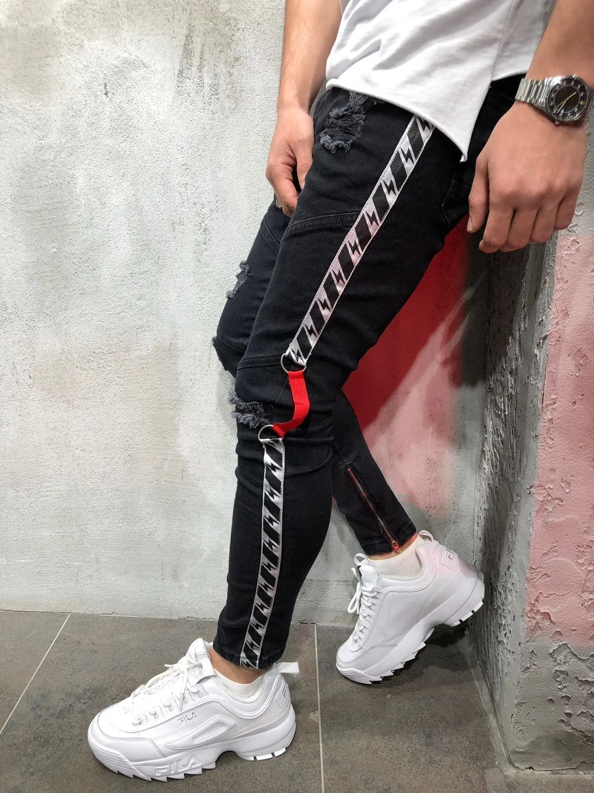 Men's casual pencil trousers low waist flat front retro style cotton polyester blend black