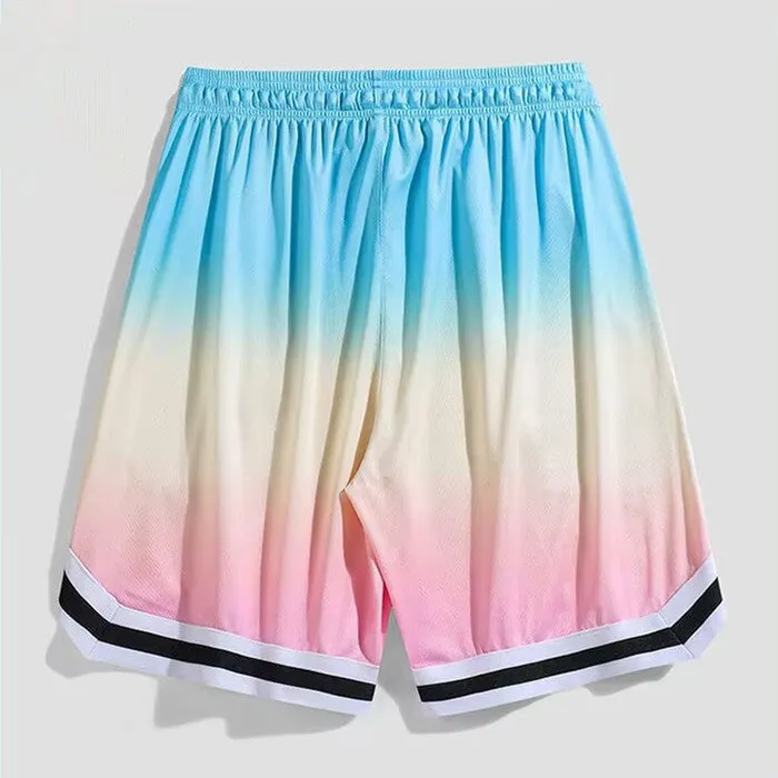 Men's loose fit gradient pink cropped casual trousers on a hanger.