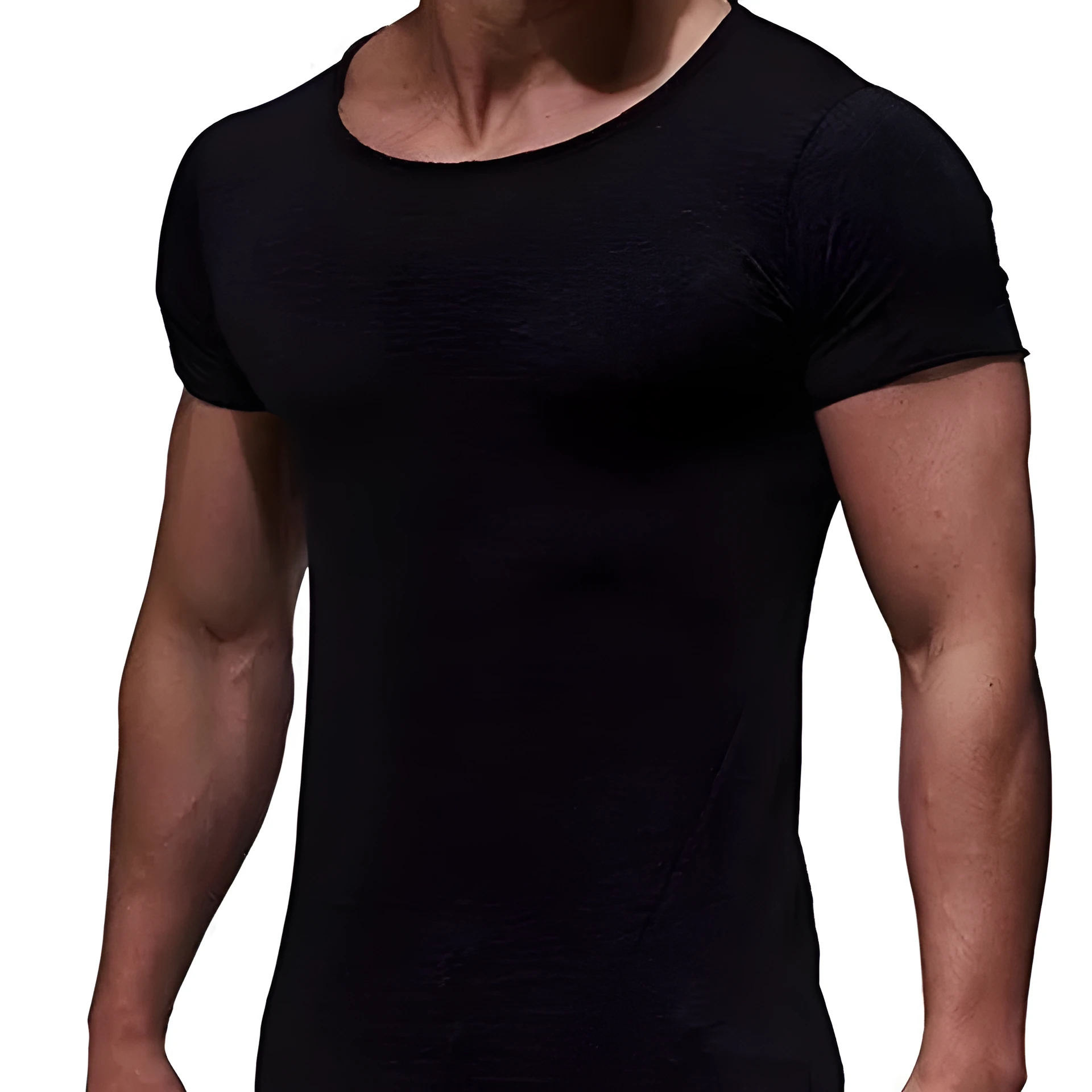Men's solid colour modal short sleeved T-shirt in black, shown on male model, size M, front view
