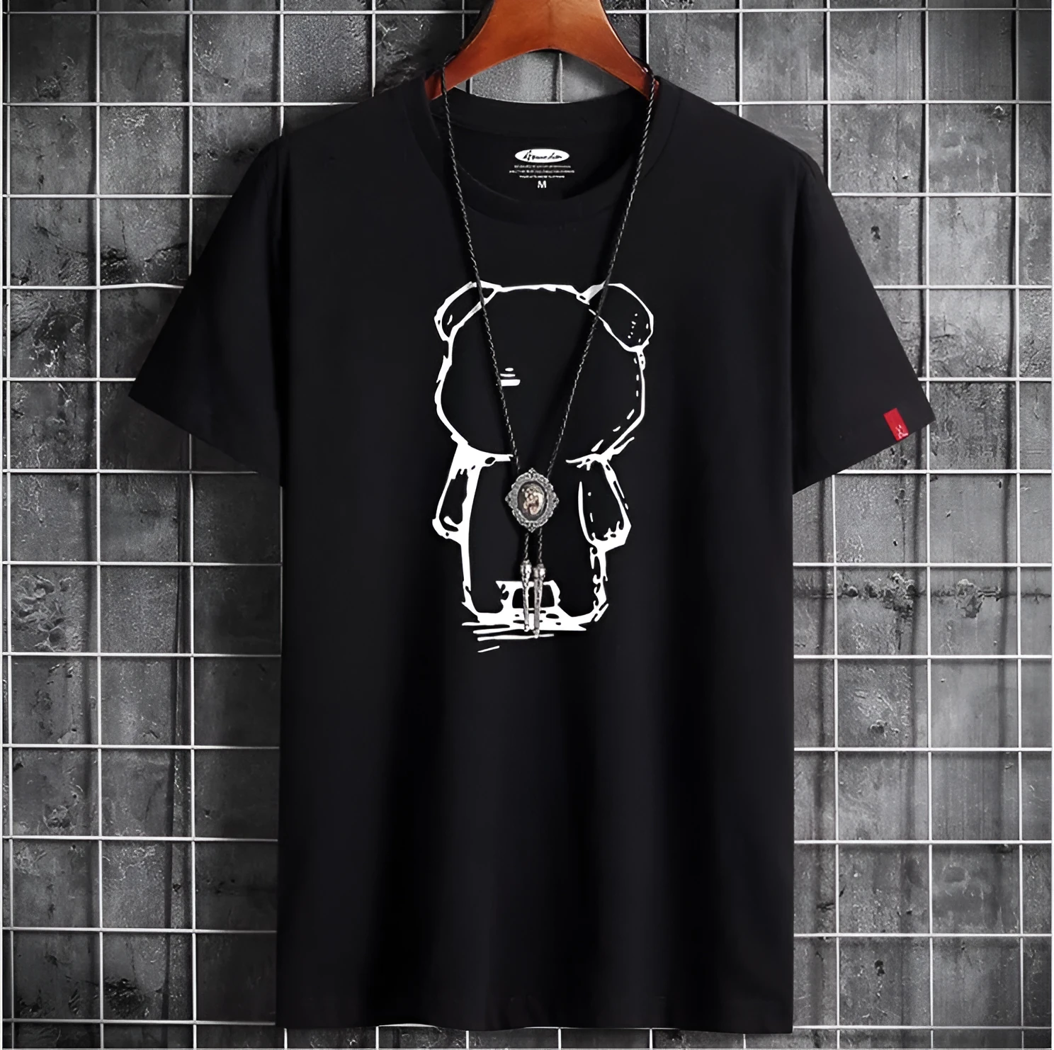 Mens cotton bear anime t-shirt short sleeve loose fit round neck street fashion top