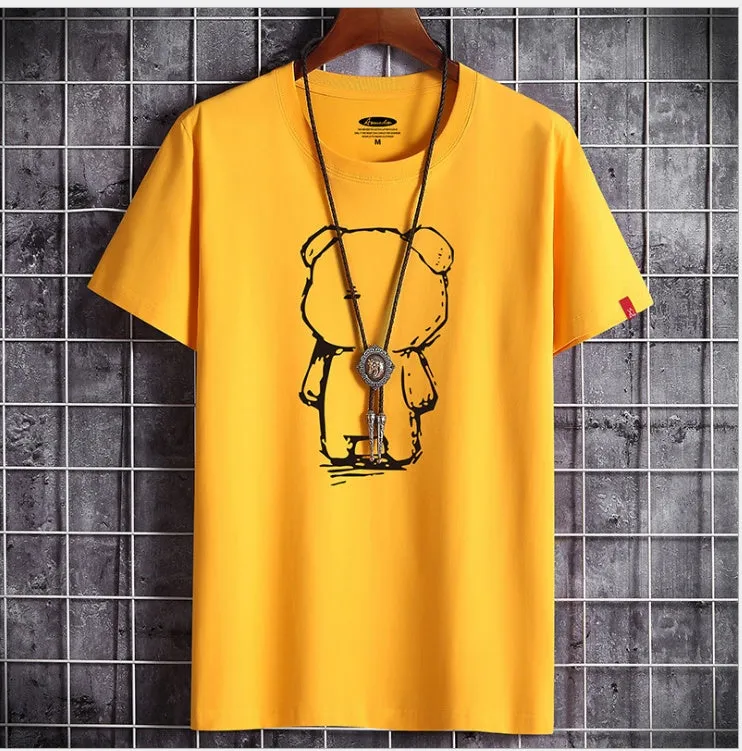 Mens cotton bear anime t-shirt short sleeve loose fit round neck street fashion top