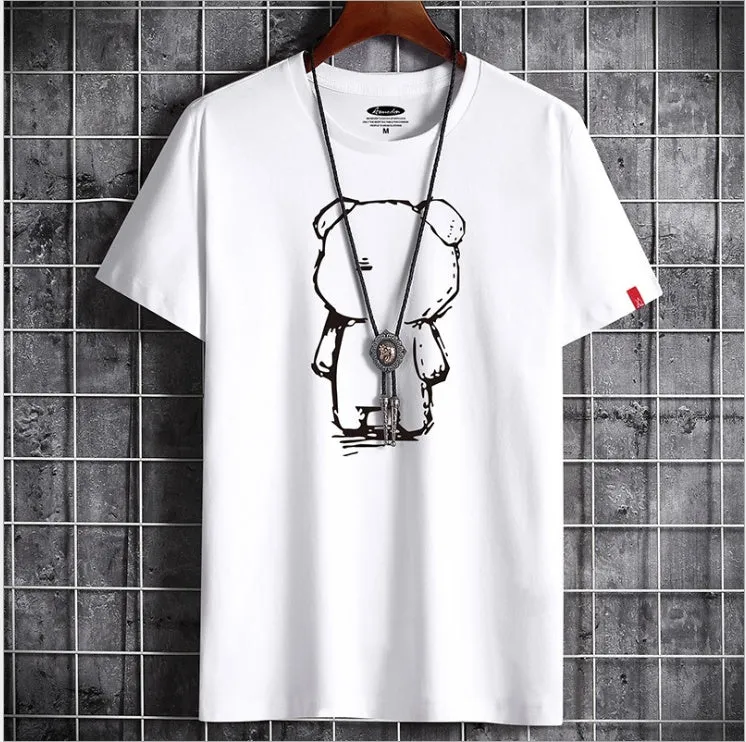 Mens cotton bear anime t-shirt short sleeve loose fit round neck street fashion top