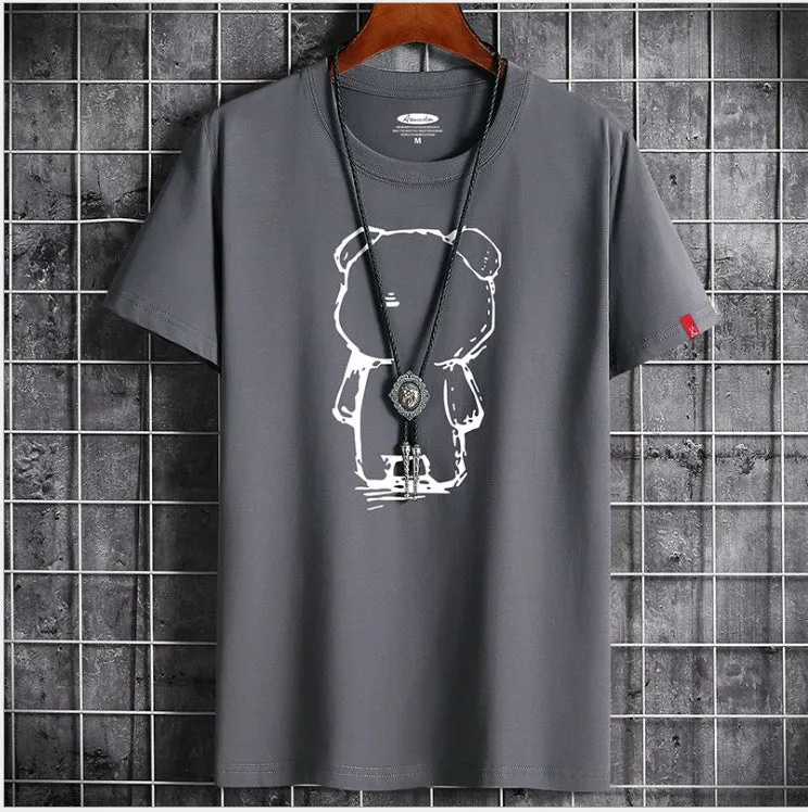 Mens cotton bear anime t-shirt short sleeve loose fit round neck street fashion top