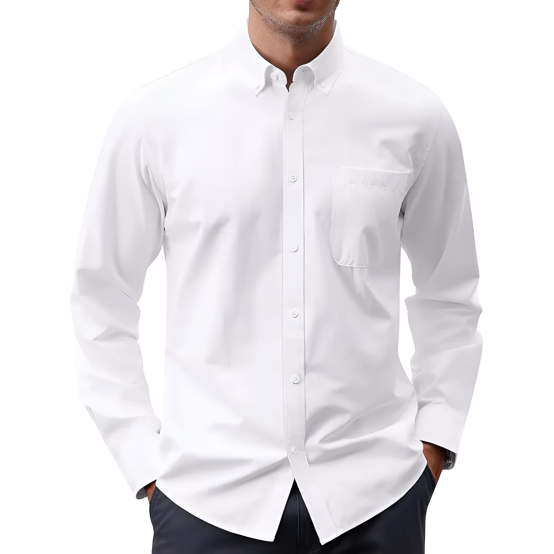Cotton blend Oxford long sleeve button shirt in cardigan style