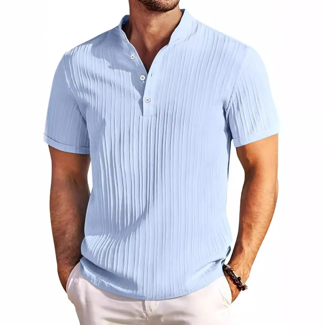 Men's stand collar short sleeve polo shirt in solid colour, loose fit, summer beach top
