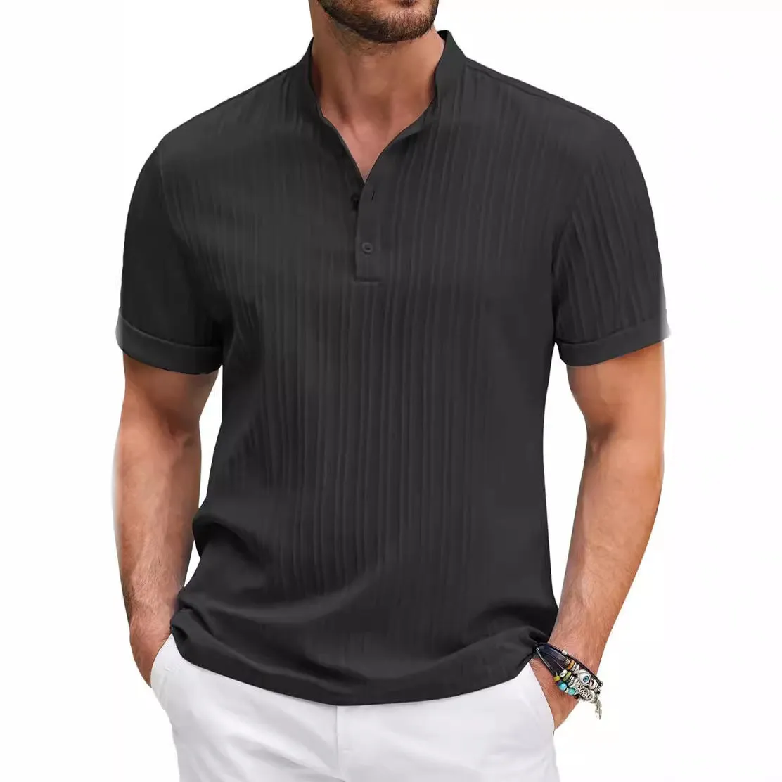 Men's stand collar short sleeve polo shirt in solid colour, loose fit, summer beach top