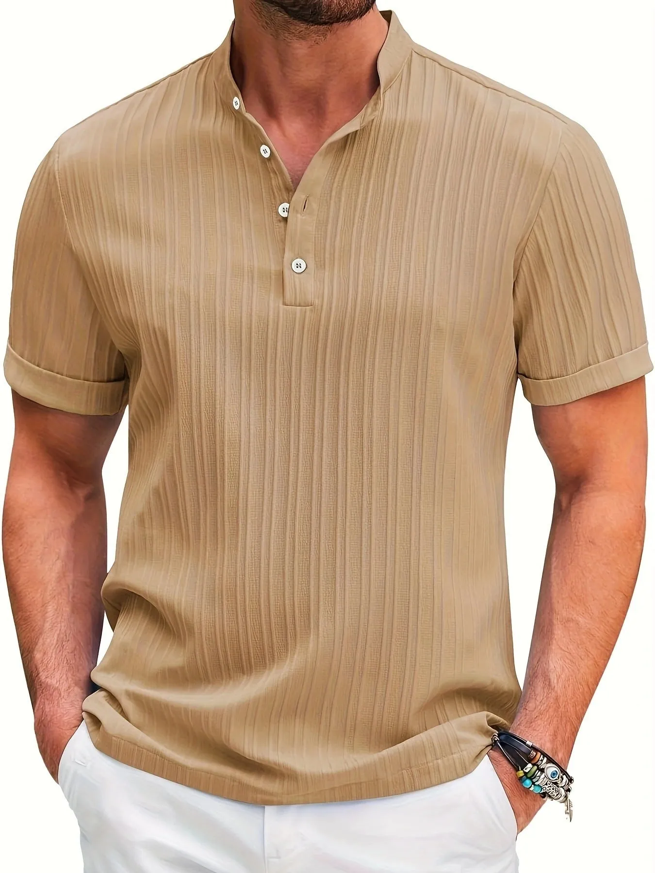 Men's stand collar short sleeve polo shirt in solid colour, loose fit, summer beach top