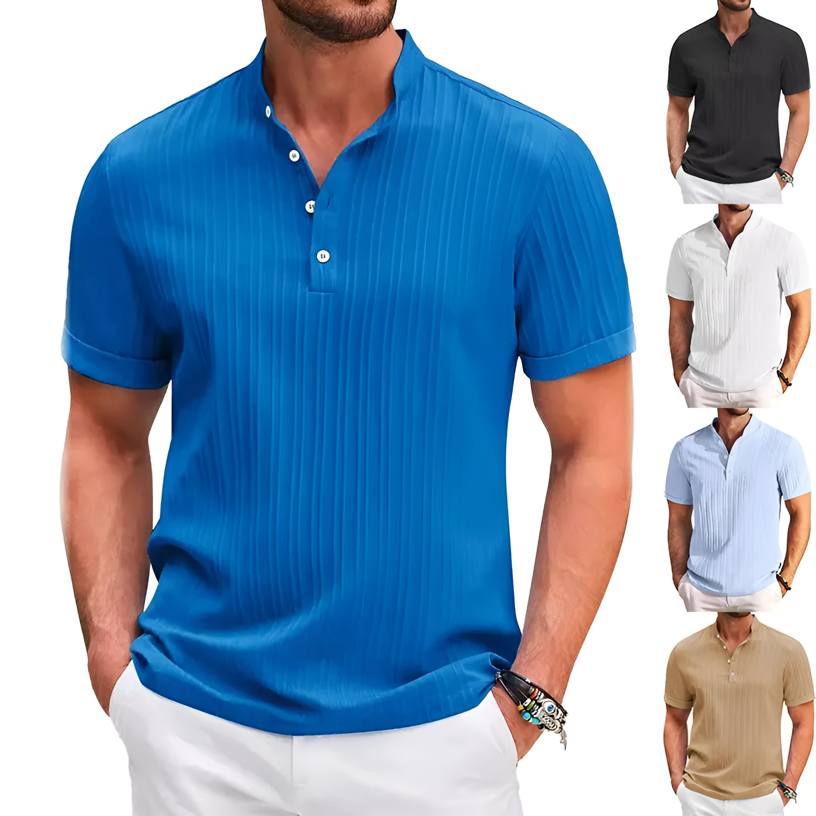 Men's stand collar short sleeve polo shirt in solid colour, loose fit, summer beach top