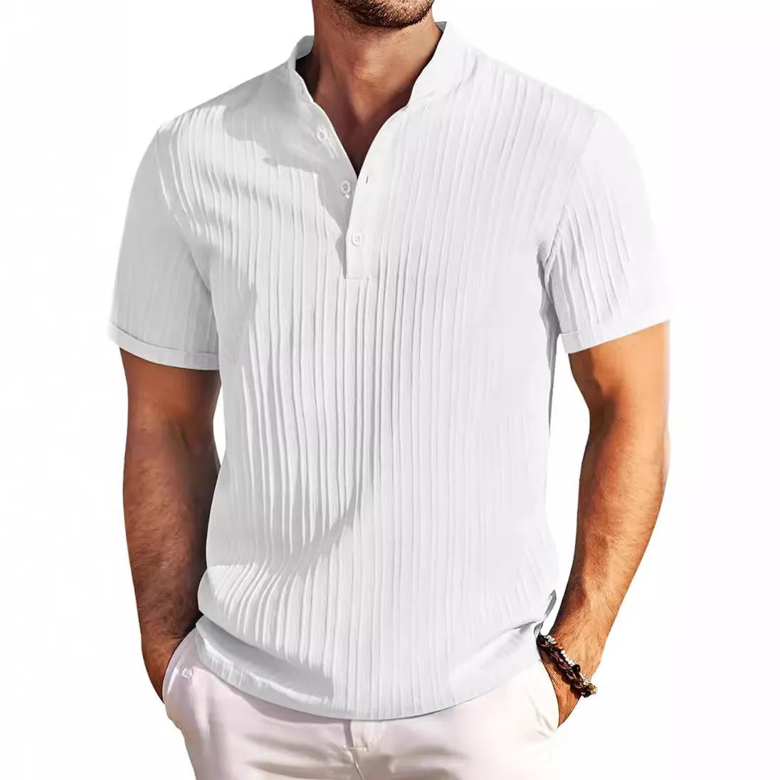 Men's stand collar short sleeve polo shirt in solid colour, loose fit, summer beach top