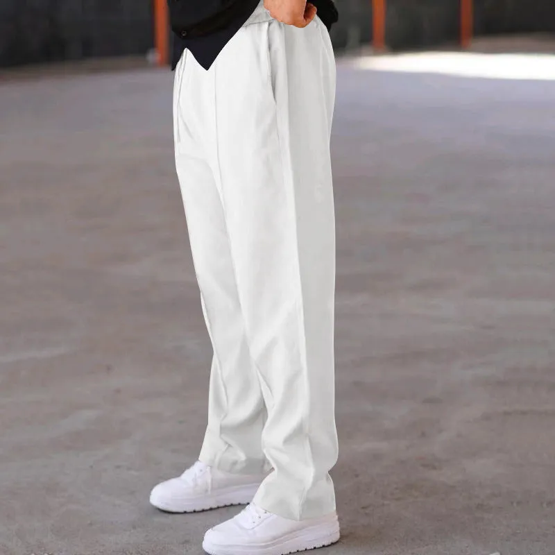 Men's loose straight drawstring trousers in waffle polyester fabric, shown in multiple colour options
