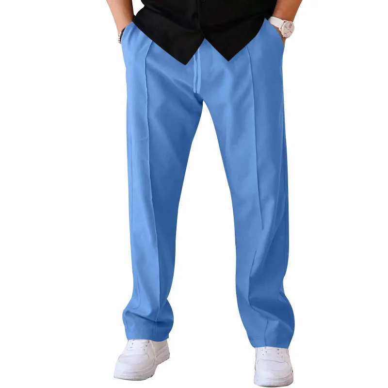 Men's loose straight drawstring trousers in waffle polyester fabric, shown in multiple colour options