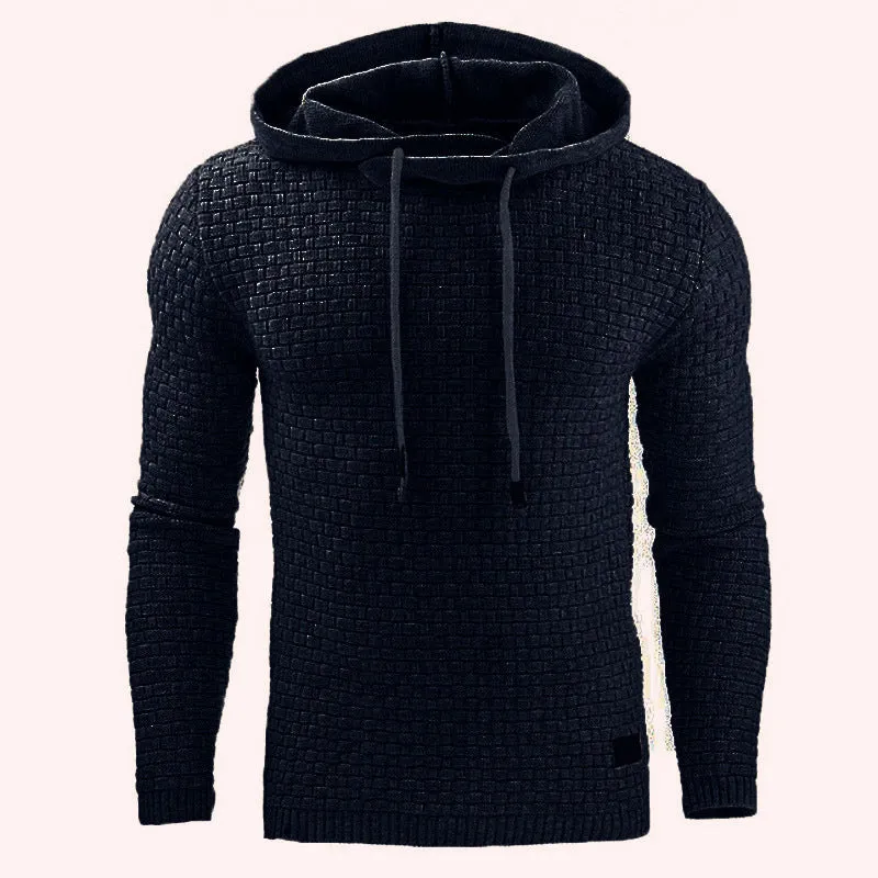 Men's jacquard hoodie long sleeve pullover casual solid colour cotton blend sweatshirt