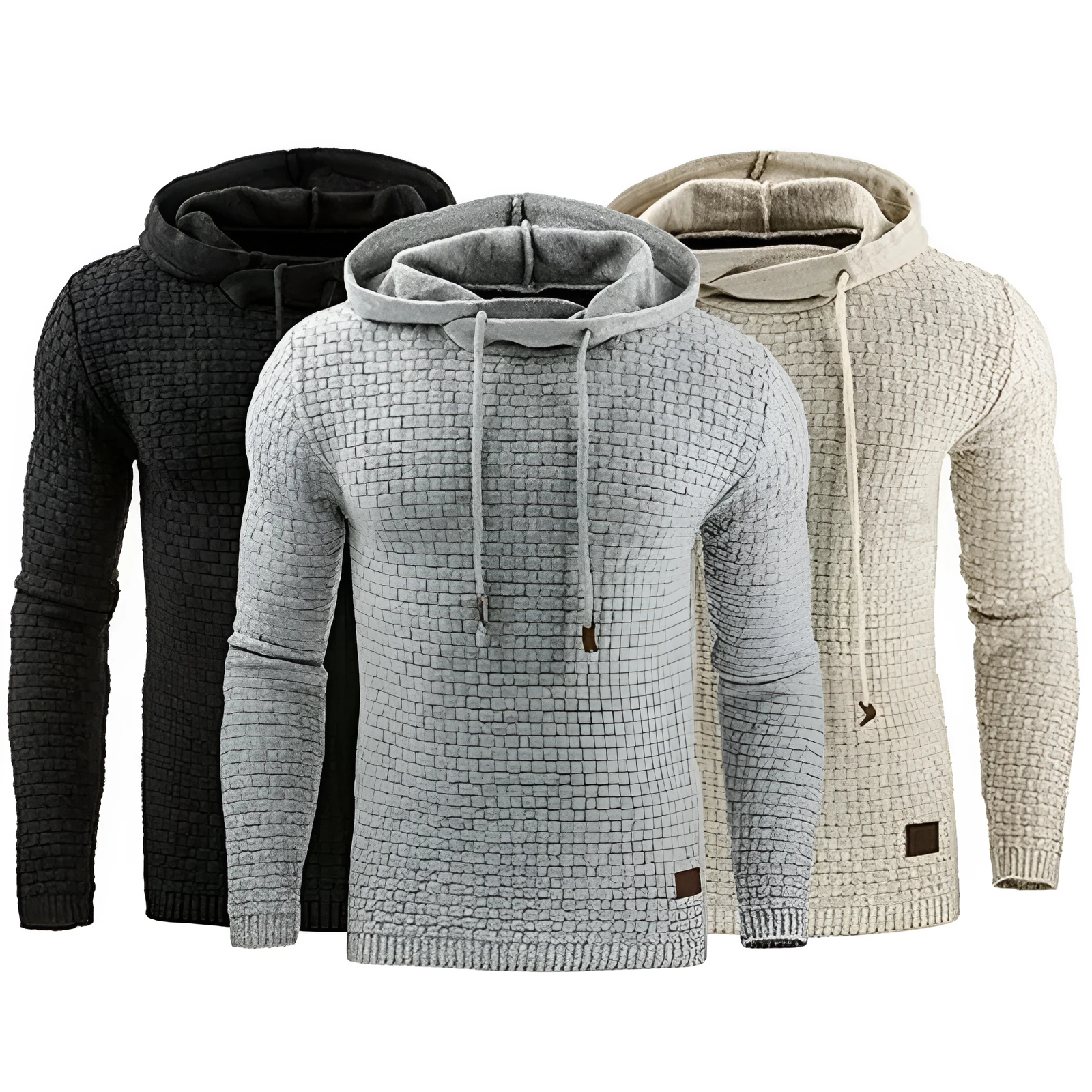 Men's jacquard hoodie long sleeve pullover casual solid colour cotton blend sweatshirt