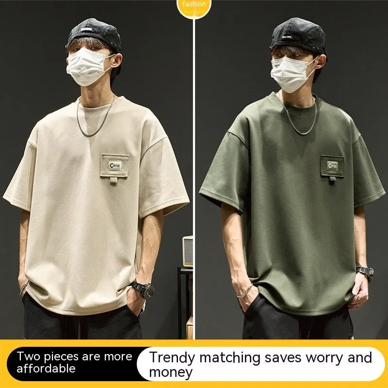 Waffle short sleeve men's t-shirt in apricot, casual round neck, non-iron polyester fabric, American summer style.
