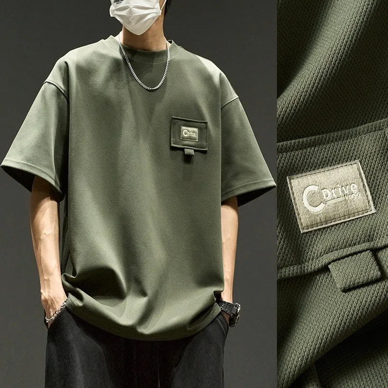 Waffle short sleeve men's t-shirt in apricot, casual round neck, non-iron polyester fabric, American summer style.