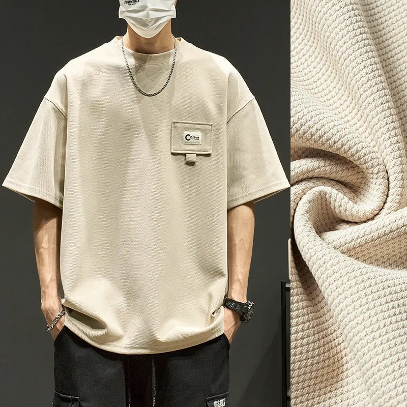 Waffle short sleeve men's t-shirt in apricot, casual round neck, non-iron polyester fabric, American summer style.