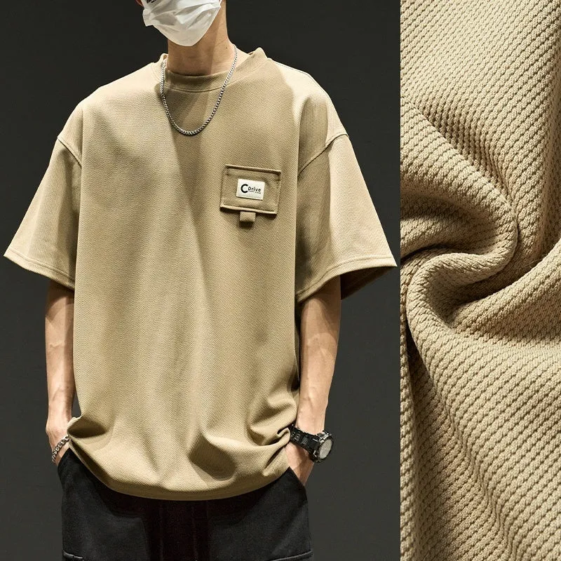 Waffle short sleeve men's t-shirt in apricot, casual round neck, non-iron polyester fabric, American summer style.