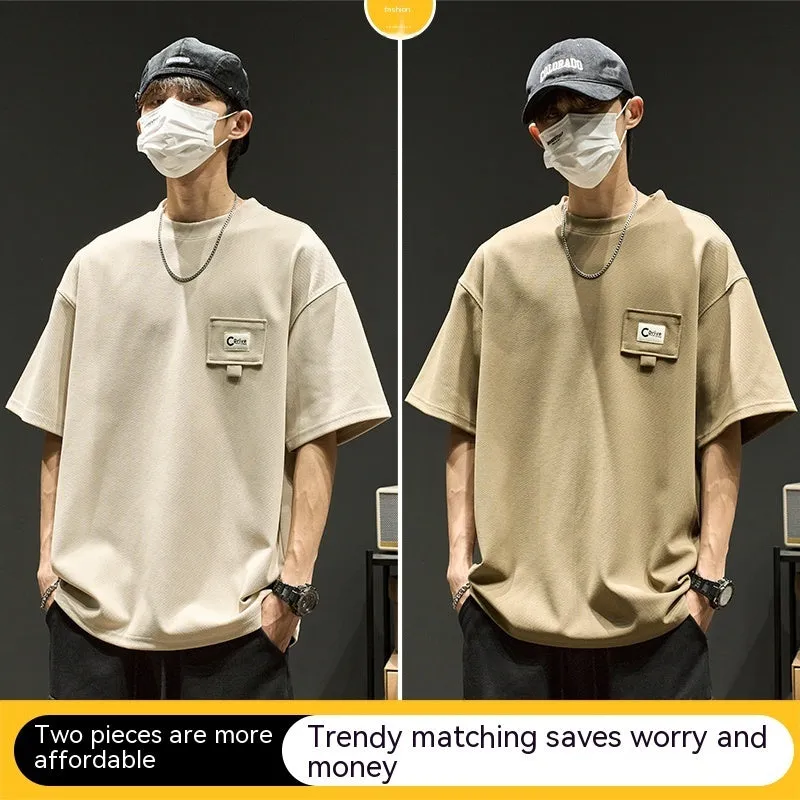 Waffle short sleeve men's t-shirt in apricot, casual round neck, non-iron polyester fabric, American summer style.
