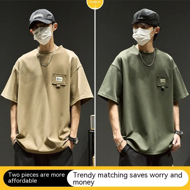 Waffle short sleeve men's t-shirt in apricot, casual round neck, non-iron polyester fabric, American summer style.