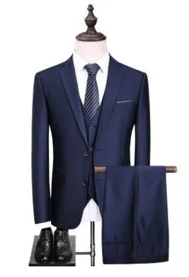 Men's formal suit set in black, single buckle style, jacket and trousers on hanger