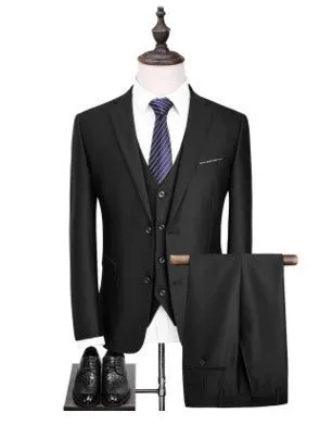 Men's formal suit set in black, single buckle style, jacket and trousers on hanger