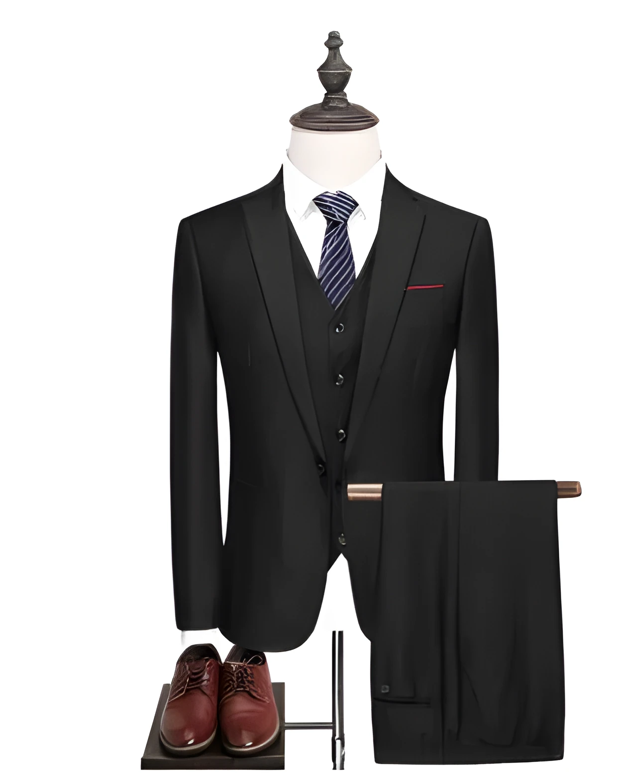 Men's formal suit set in black, single buckle style, jacket and trousers on hanger