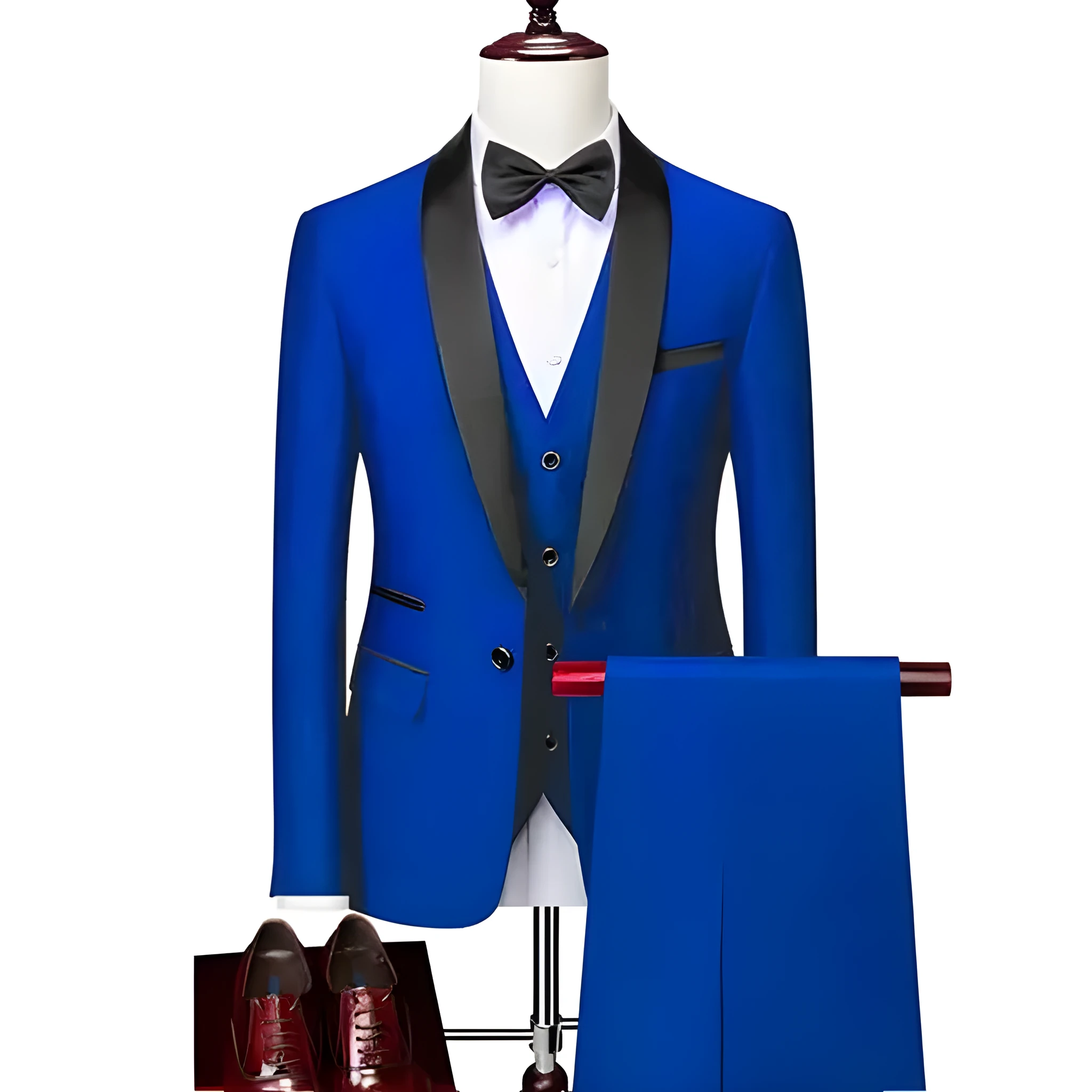 Men's three-piece polyester suit set in white, including jacket, trousers, and vest, on a hanger.
