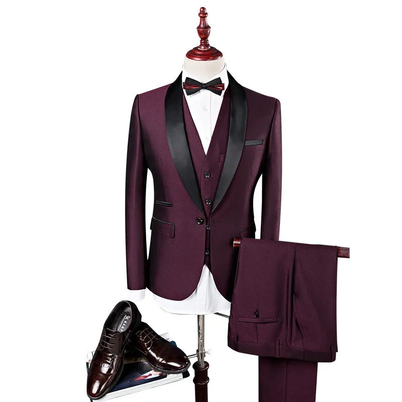Men's three-piece polyester suit set in white, including jacket, trousers, and vest, on a hanger.