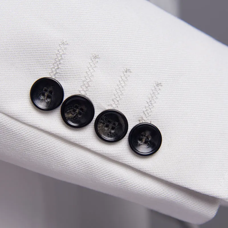 Men's three-piece polyester suit set in white, including jacket, trousers, and vest, on a hanger.