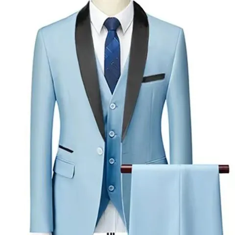 Men's three-piece polyester suit set in white, including jacket, trousers, and vest, on a hanger.