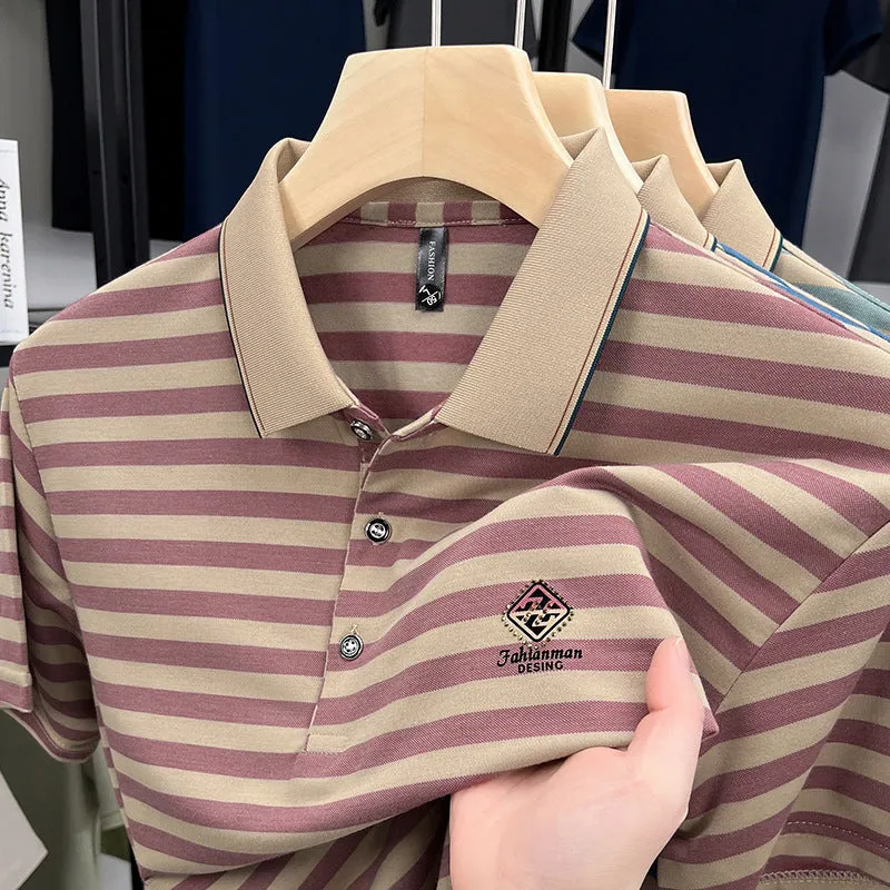A man wearing a red striped casual short sleeve shirt with mosaic pattern detail.