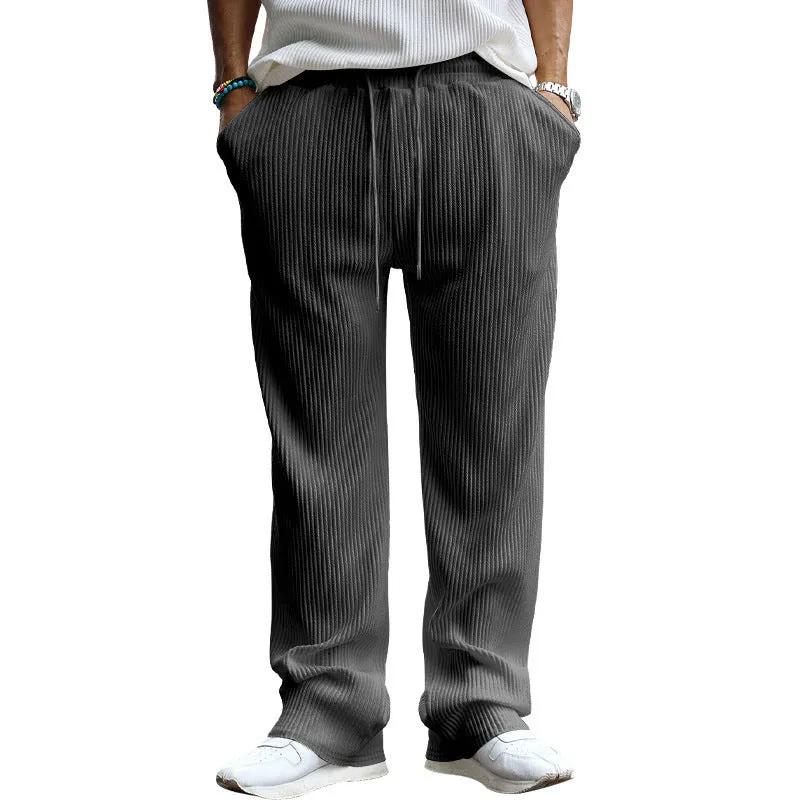 Men's casual loose fit striped straight leg trousers in micro-elastic polyester fabric