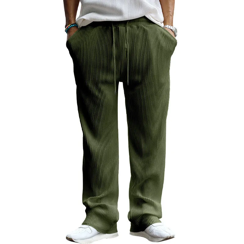 Men's casual loose fit striped straight leg trousers in micro-elastic polyester fabric