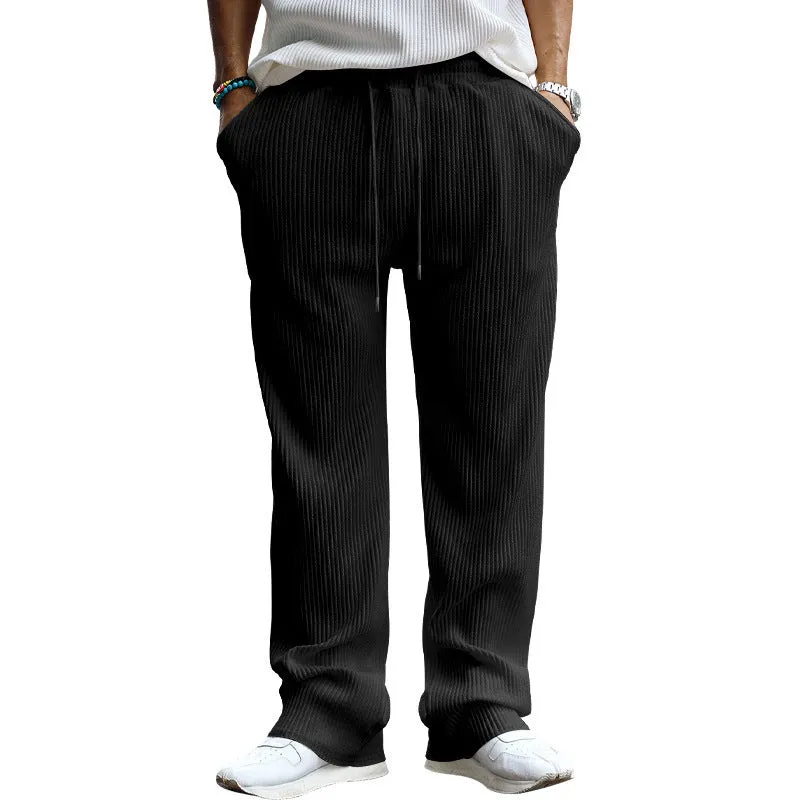 Men's casual loose fit striped straight leg trousers in micro-elastic polyester fabric
