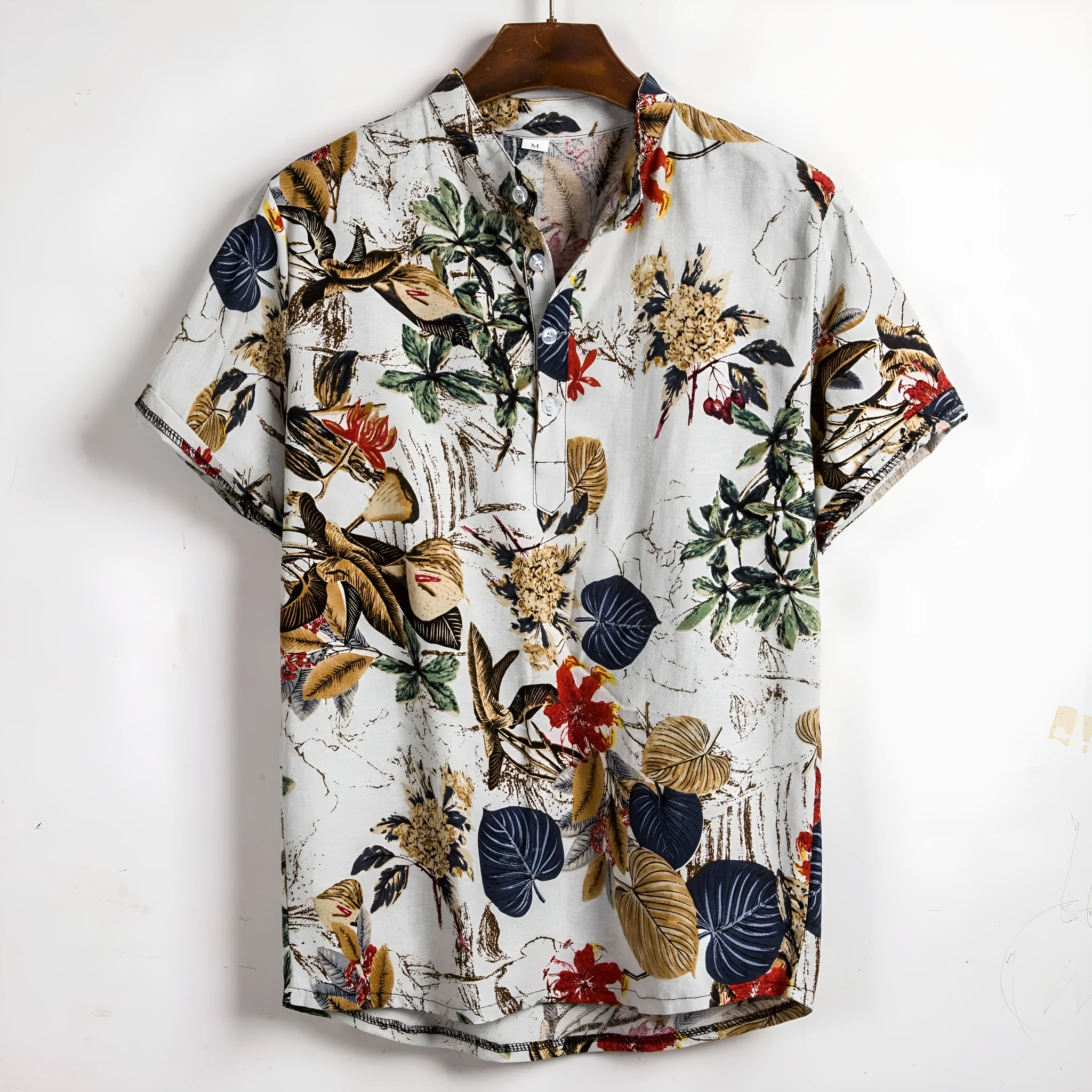 Men's slim fit contrast colour printing short sleeve shirt in blue with square collar and cardigan front