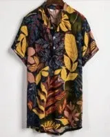 Men's slim fit contrast colour printing short sleeve shirt in blue with square collar and cardigan front