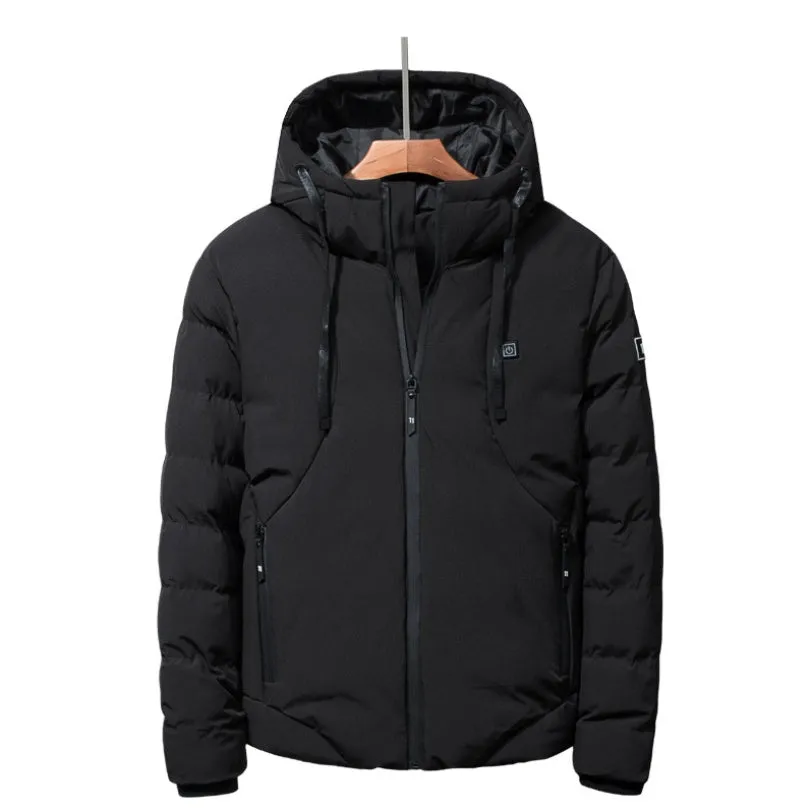 Grey USB electric heated jacket with hood and zipper on a person, outdoor winter background, size M to 7XL available
