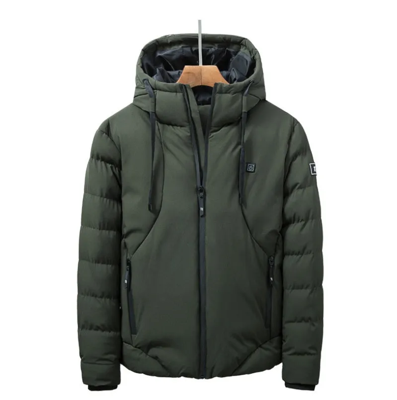 Grey USB electric heated jacket with hood and zipper on a person, outdoor winter background, size M to 7XL available